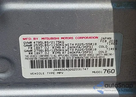 2016 Mitsubishi Outlander Es z USA, uszkodzony, nr VIN JA4AD2A32GZ031747